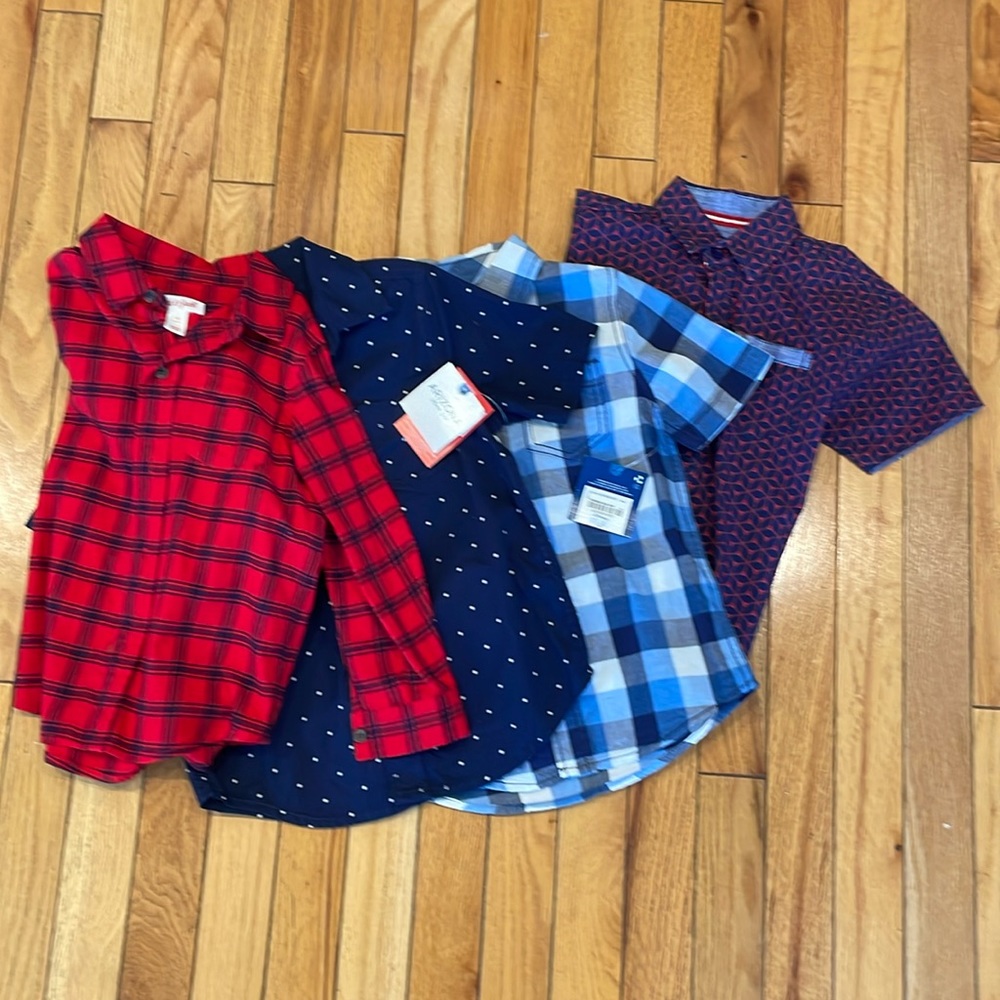 Button-down shirts, size 4–5. Three short sleeve, one long sleeve two with tags.